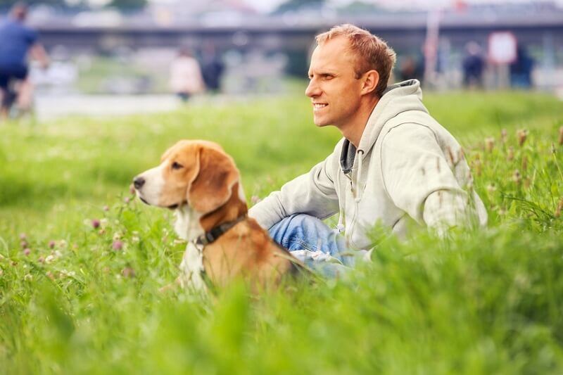 Man sitting in a field with his dog